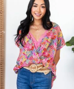 Staccato Watermelon Floral Print Surplice Blouse