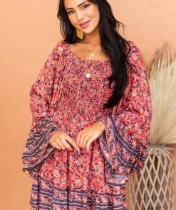 ANGIE Watermelon Long Flare Sleeve Smocked Dress