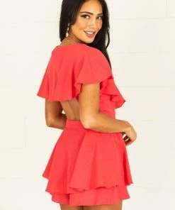 Do + Be Dresses Watermelon Surplice Ruffle Open Back Romper