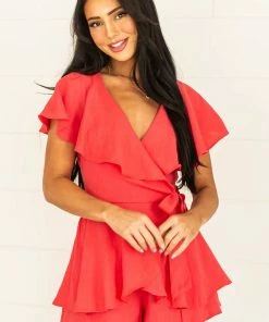 Do + Be Dresses Watermelon Surplice Ruffle Open Back Romper