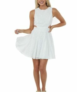 Flying Tomato Dresses White Diamond Textured Side Cut Out Mini Dress