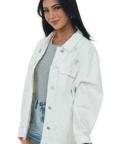 I&M Outerwear White Distressed Oversized Denim Jacket