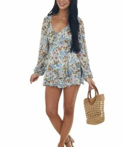 HYFVE White Floral Print Ruffle Overlay Romper