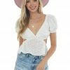 Lush Clothing White Floral Texture Waist Cut Out Blouse Tops