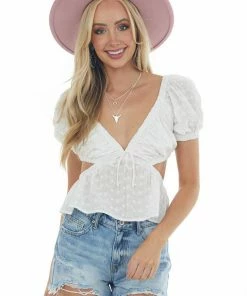 Lush Clothing White Floral Texture Waist Cut Out Blouse Tops