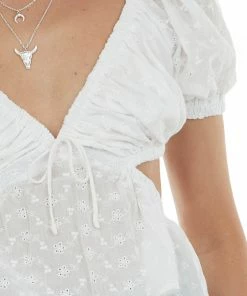 Lush Clothing White Floral Texture Waist Cut Out Blouse Tops