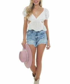 Lush Clothing White Floral Texture Waist Cut Out Blouse Tops