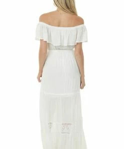 Flying Tomato White Off The Shoulder Waist Tie Tiered Maxi Dress