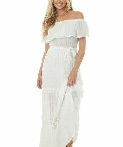 Flying Tomato White Off The Shoulder Waist Tie Tiered Maxi Dress