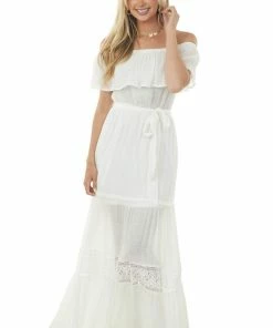 Flying Tomato White Off The Shoulder Waist Tie Tiered Maxi Dress