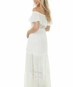 Flying Tomato White Off The Shoulder Waist Tie Tiered Maxi Dress