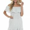 Umgee Dresses White Pinstripe Frayed Ruffle Dress