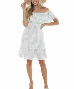 Umgee Dresses White Pinstripe Frayed Ruffle Dress 9 Umgee Dresses White Pinstripe Frayed Ruffle Dress