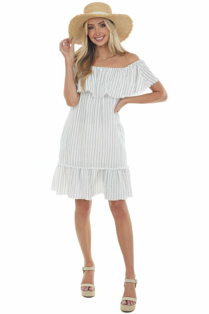 Umgee Dresses White Pinstripe Frayed Ruffle Dress 4 Umgee Dresses White Pinstripe Frayed Ruffle Dress