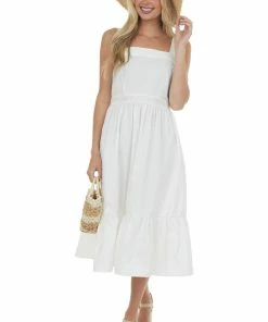 Umgee White Square Neck Sleeveless Poplin Midi Dress