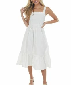 Umgee White Square Neck Sleeveless Poplin Midi Dress