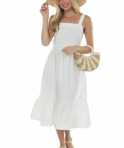 Umgee White Square Neck Sleeveless Poplin Midi Dress