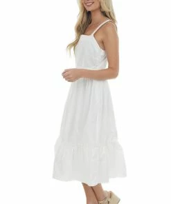 Umgee White Square Neck Sleeveless Poplin Midi Dress