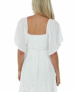 Umgee Dresses White Swiss Dot Flutter Sleeve Smocked Dress