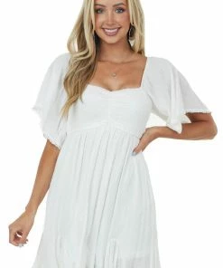 Umgee Dresses White Swiss Dot Flutter Sleeve Smocked Dress