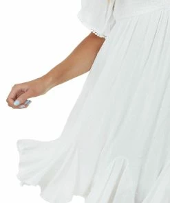 Umgee Dresses White Swiss Dot Flutter Sleeve Smocked Dress