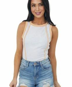 SugarFox White Thermal Knit Tank Top With Amber Trim Tops