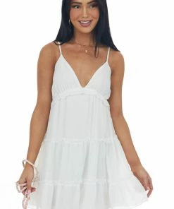 She + Sky Dresses White V Neck Frill Tiered Cami Mini Dress 12 She + Sky Dresses White V Neck Frill Tiered Cami Mini Dress