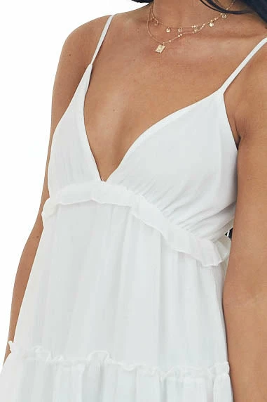 She + Sky Dresses White V Neck Frill Tiered Cami Mini Dress 10 She + Sky Dresses White V Neck Frill Tiered Cami Mini Dress