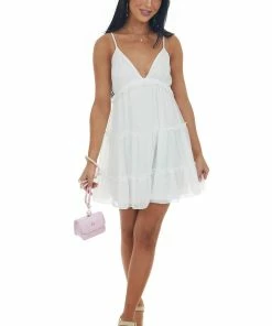 She + Sky Dresses White V Neck Frill Tiered Cami Mini Dress 13 She + Sky Dresses White V Neck Frill Tiered Cami Mini Dress