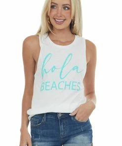 Blume+Co White And Aquamarine 'Hola Beaches' Tank Top Tops