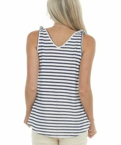 Hailey & Co Tops White And Navy Striped Tank Top With V Neck And Tie Details