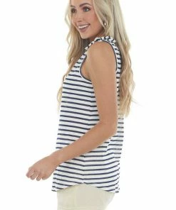 Hailey & Co Tops White And Navy Striped Tank Top With V Neck And Tie Details