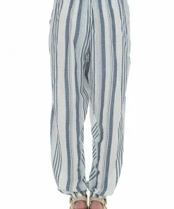 ANGIE White And Slate Striped Tassel Elastic Hem Pants