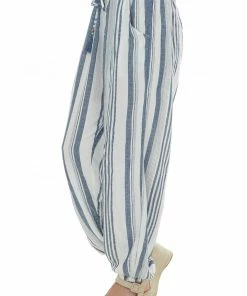 ANGIE White And Slate Striped Tassel Elastic Hem Pants