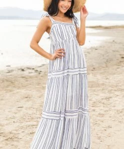 Staccato White And Royal Blue Striped Tiered Maxi Dress