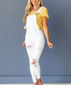 KanCan White Distressed Skinny Denim Overalls