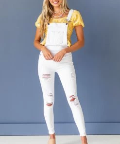 KanCan White Distressed Skinny Denim Overalls