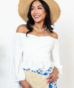 Entro Tops White Draped Criss Cross Cropped Peplum Blouse