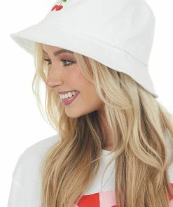 Fashion City White Embroidered Cherry Frayed Bucket Hat Accessories