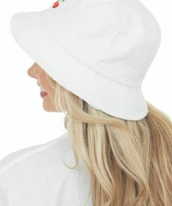 Fashion City White Embroidered Cherry Frayed Bucket Hat Accessories