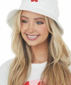 Fashion City White Embroidered Cherry Frayed Bucket Hat Accessories