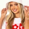 Fashion City White Embroidered Cherry Frayed Bucket Hat Accessories