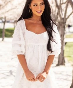 Lush Clothing White Fuzzy Textured Puff Sleeve Babydoll Dress Dresses