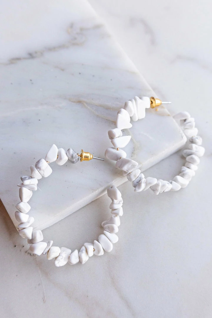 WALL TO WALL White Pebble Stone Beaded Hoop Earrings 3 WALL TO WALL White Pebble Stone Beaded Hoop Earrings