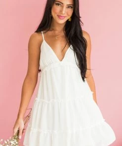 She + Sky Dresses White V Neck Frill Tiered Cami Mini Dress