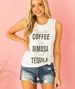 Blume+Co Tops White 'Drink Sip Shoot' Knit Graphic Tank Top