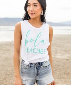Blume+Co White And Aquamarine 'Hola Beaches' Tank Top Tops