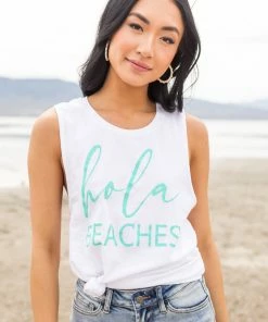 Blume+Co White And Aquamarine 'Hola Beaches' Tank Top Tops