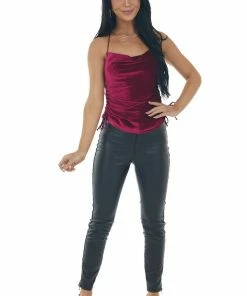 She + Sky Tops Wine Halter Cowl Neck Open Back Velvet Tank