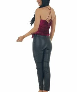 She + Sky Tops Wine Halter Cowl Neck Open Back Velvet Tank